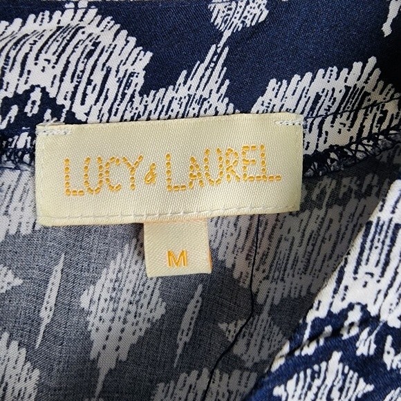 Lucy & Laurel Boho Crop Top Medium Blue White Rayon Button Back Blouse Festival - Picture 2 of 12